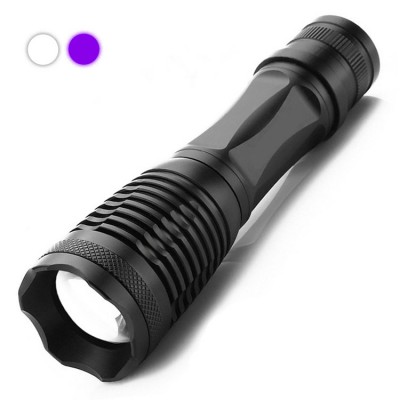 2 in 1 Tactical Double Color Mini Pocket 18650 Battery Zoom 395nm Ultra Violet White LED Purple UV Flashlight